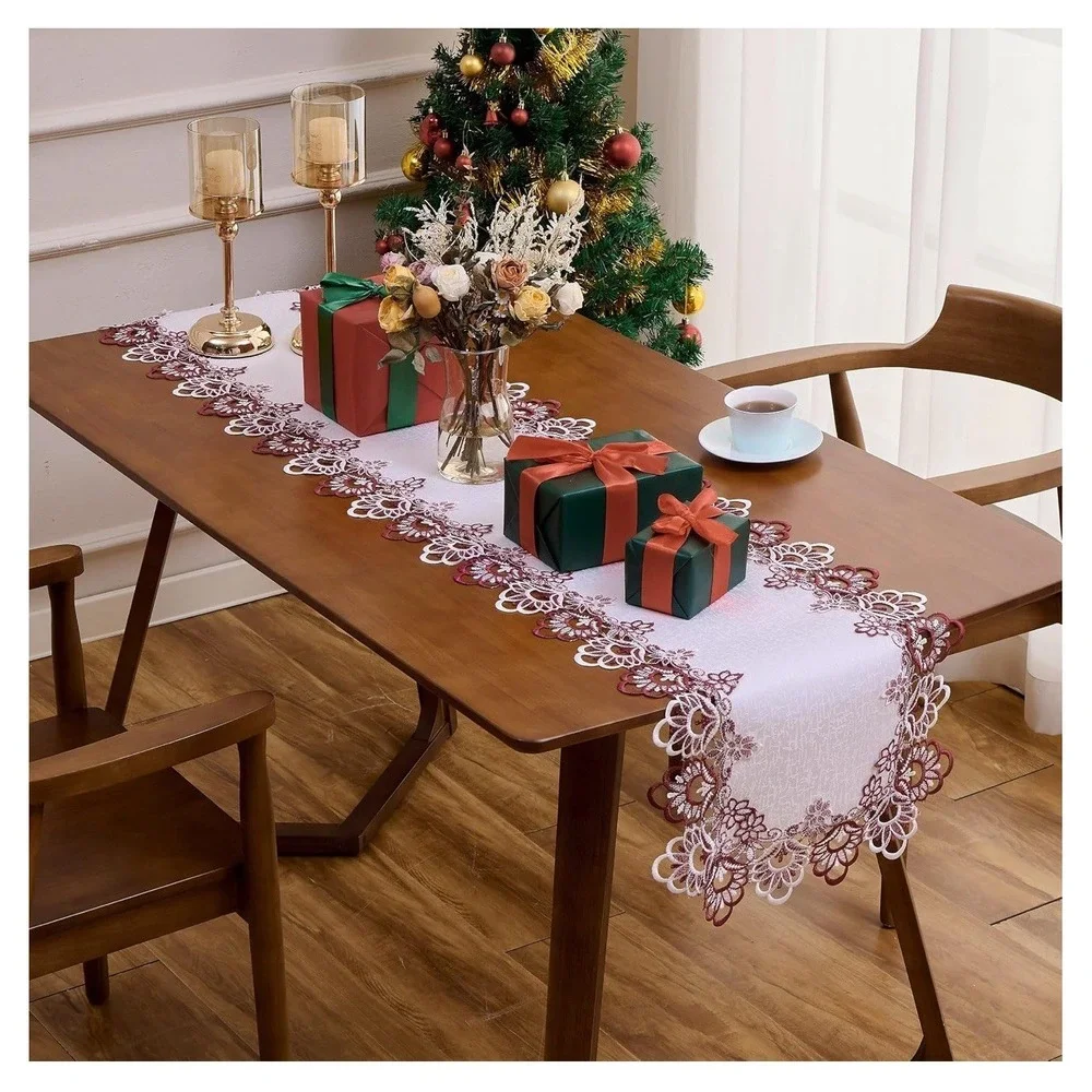 White Dark Red Jacquard Lace Table Runner 72 inches Long, Claret Dresser Scar...